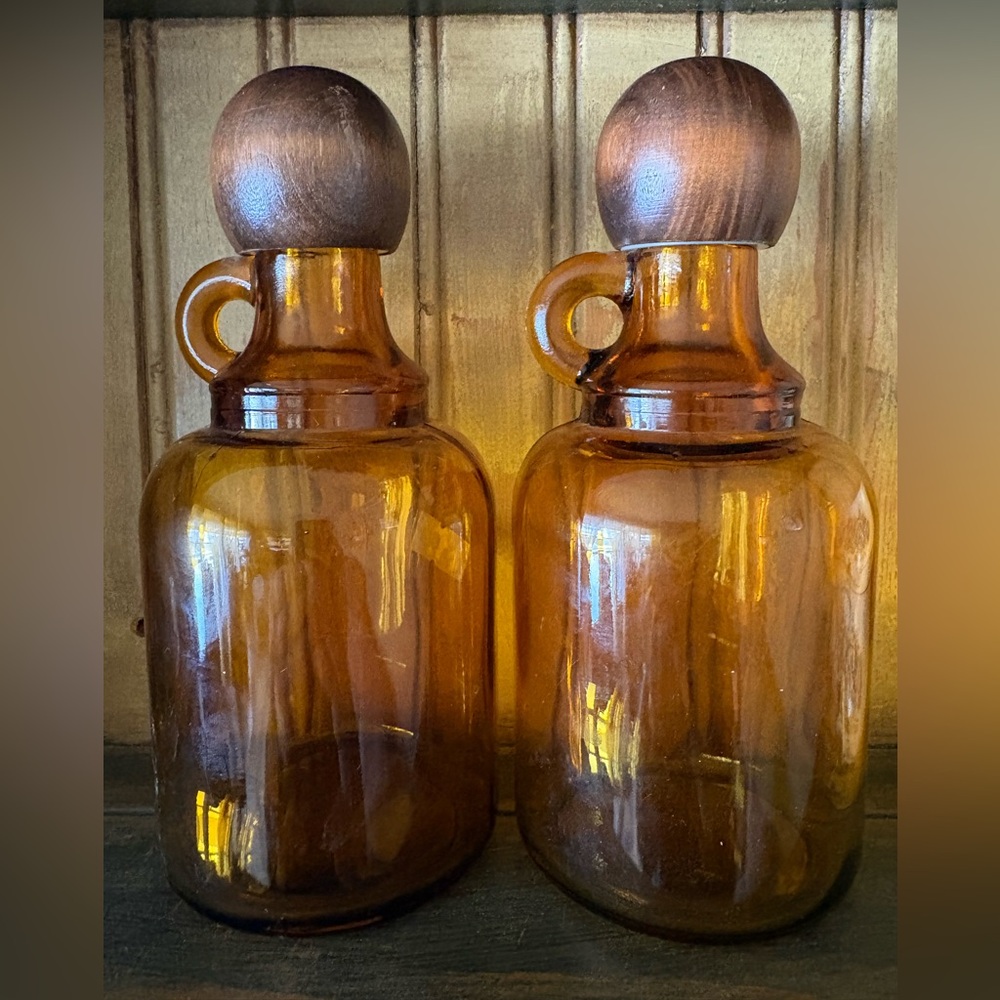 Vintage Amber Glass Bottles Made in Japan with Wooden Stoppers – Set of 2 (8”)